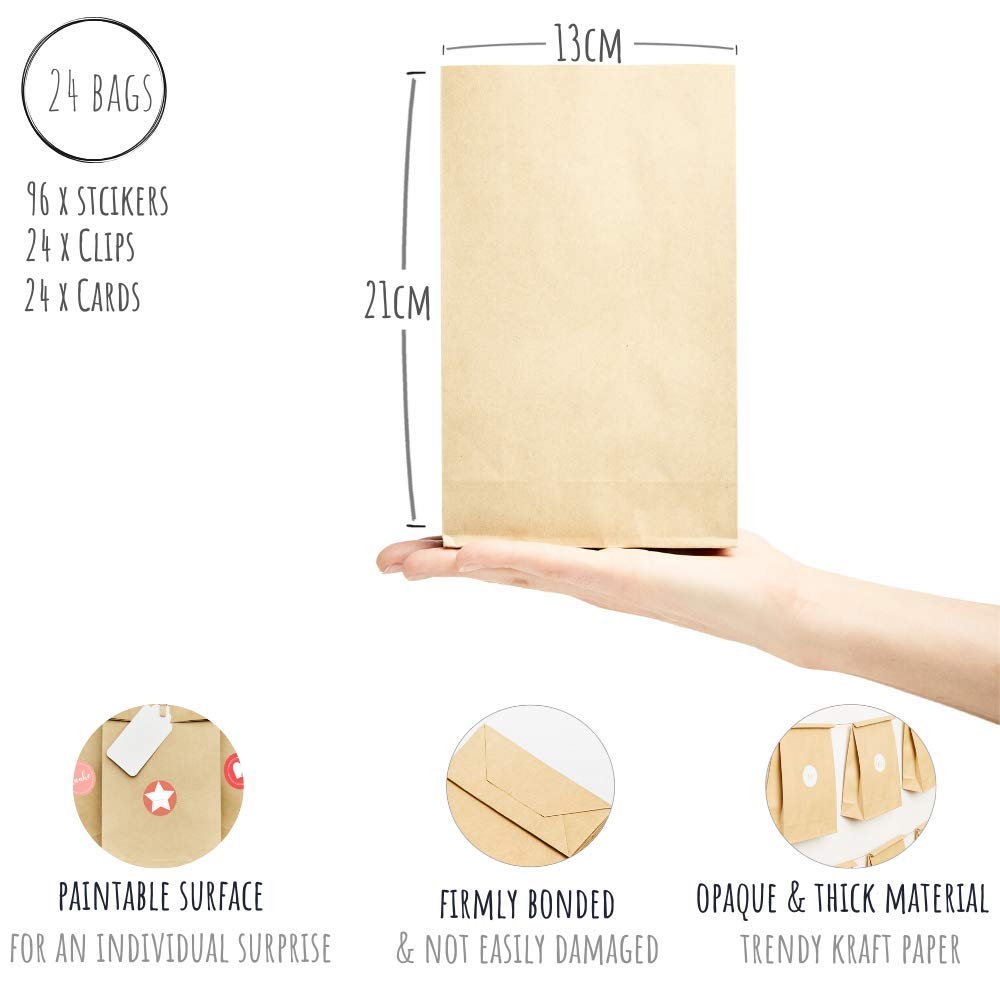 24 Sacchetti Regalo In Carta Kraft Colorata - Riciclabili Con Adesivi E Clip In Legno - Ideali Per Calendario Avvento Fai Da Te E Regali Natale - 3