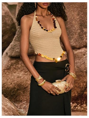 MakeMeChic Women's Sequin Sparkly Halter Tops Tie Backless Sleeveless Knit Tank2