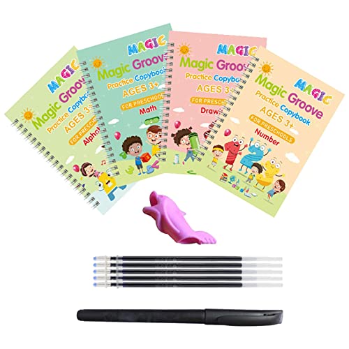 Gruwkue Handschrift-Arbeitsbuch Für Kinder, 4-teiliges Wiederverwendbares Handschrift-Tinte-Übungs-Kopie-Bücher Mit Stift-Halte-Hilfswerkzeug, Vorschul-Schreib-Lern-Heft Cover