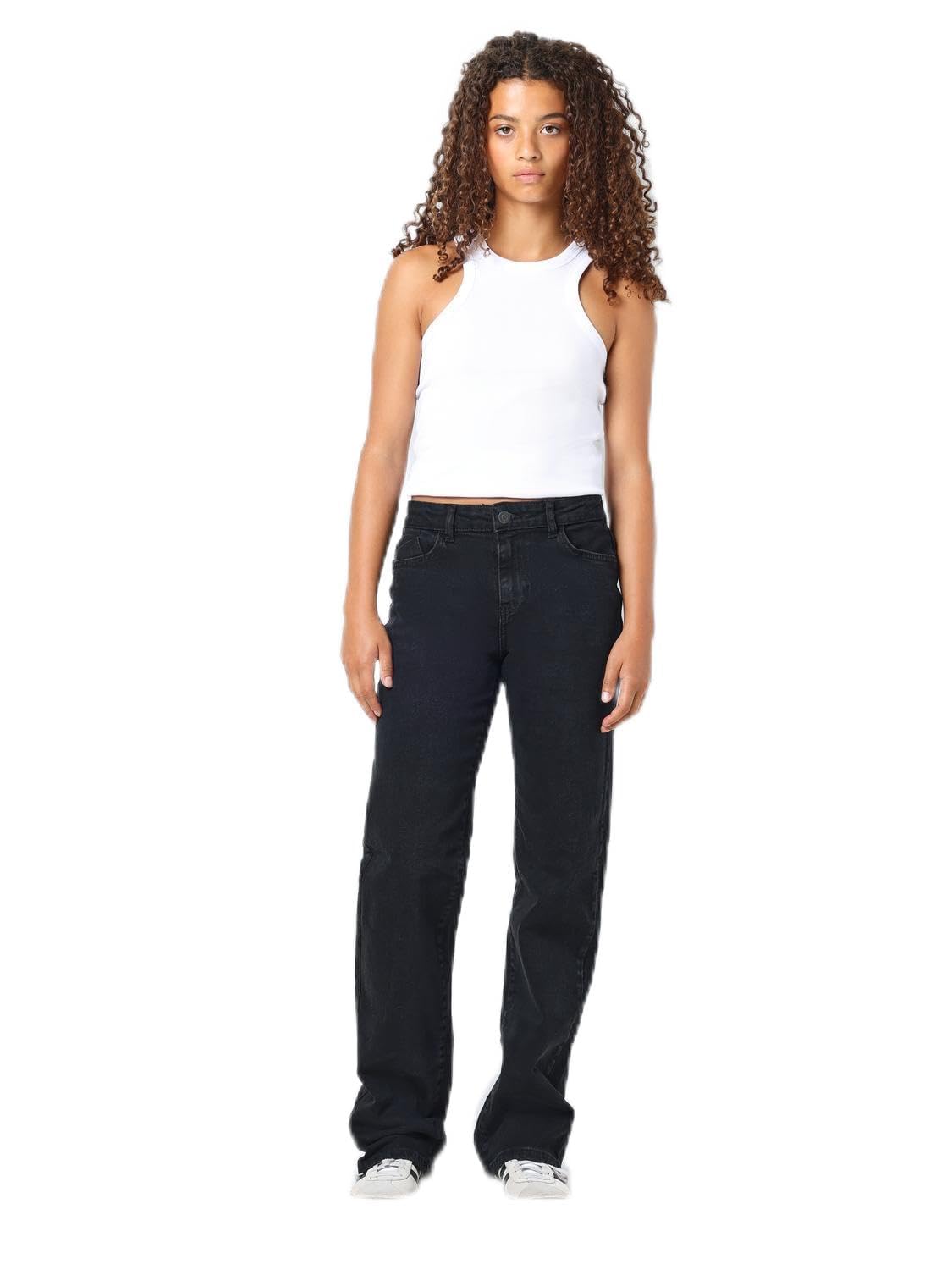 NOISY MAY NMYOLANDA Women's Denim Jeans Trousers Wide Leg Mid Waist Stretch Pants, Black (Black-2), 27W x 30L