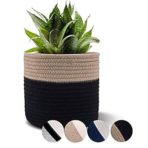 Woven Cotton Rope Plant Basket for 6″ Flower Pot Floor Indoor Planters Flower Pot,Home Decor Storage Organizer H6 3/4″ x W6 1/2″ Black&Brown