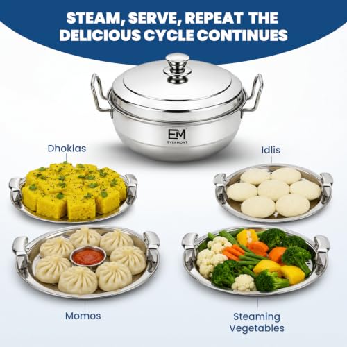 Image of Stainless Steel Multi-Purpose Idli Maker & Steamer for Kitchen | 7 Plates (2 Idli, 2 Mini Idli, 2 Dhokla, 1 Steamer) | Induction & Gas Compatible Multi Kadai | Steamer for Momos, Modak & Vegetables | Heavy Bottom SS 304 | 28cm Idli Maker Dhokla Steamer Momo Cooker, 2 Idli, 2 Dhokla, 2 Mini Idli & 1 Patra Plate, Triply Base