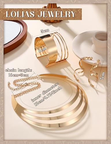 LOLIAS 3 Stück Gold Lätzchen Choker Halskette Set für Frauen Breite Manschette Armreif Armbänder Statement Baumeln Ohrringe Oberarmbandmanschette Handgelenkmanschette Festival Schmuck