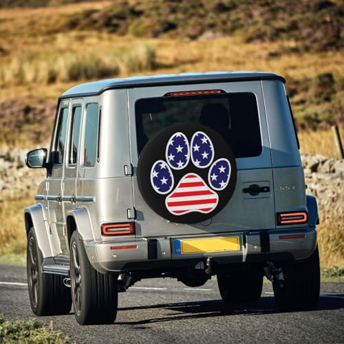 Image of Spare Tire Cover American Flag in Dog Paw Wheel Covers USA Flag Weatherproof Universal Wheel Protectors for Rv SUV Camper Travel Trailer 17 Inch