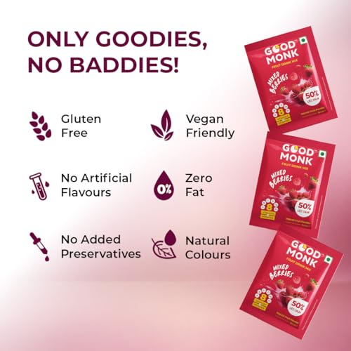 Image of Good Monk Fruit Drink Mix (Natural Mixed Berries Powder), 50% Less Sugar with 8 Vitamins & Minerals (Vitamin B12, C, D, Iron & more) | Tasty & Healthy Mix for Hydration, Energy, Immunity, 24 Sachets