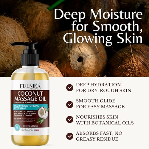 Image of Edenika Botanicals Tropical Coconut Massage Oil for Massage Therapy, Soothing Massage Oil with Coconut & Passion Fruit Oil for Muscle Relaxing, Skin Moisturizing & Hydrating, 2-Pack