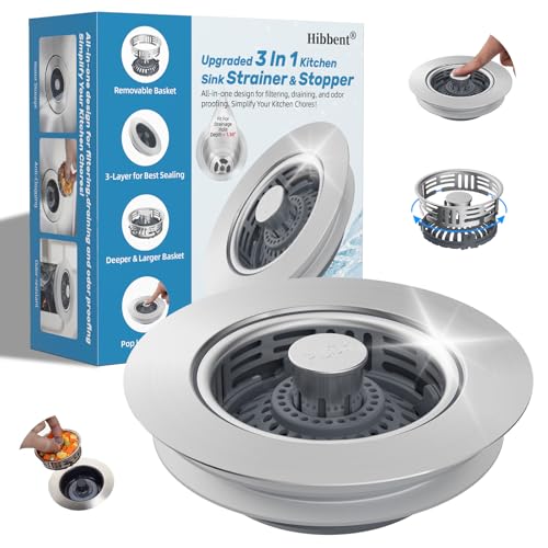 Hibbent Upgraded 3 in 1 Kitchen Sink Drain Strainer, Stainless Steel Pop Up Sink Stopper, Larger Anti-Clogging Basket, 3-Layer Seal, Detachable Drain Plug for US Standard 3-1/2' Drain, Brushed Nickel