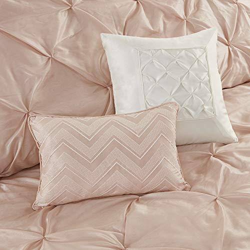 Madison Park Essentials Room in a Bag Faux Silk Comforter Set-Luxe Diamond Tufting All Season Bedding, Matching Curtains, Decorative Pillows, Cal King(104"x92"), Blush 24 Piece (MPE10-811)