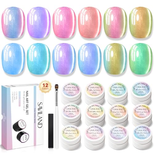 Image of SAVILAND 12 Colors Cat Eye Gel Nail Polish Set: Iridescent Blue Green Yellow Red Aurora Cateye Gel Polish Smooth Shimmer Glitter Magnetic Gel Nail Polish with Magnet Stick DIY Nail Art Galaxy Nails