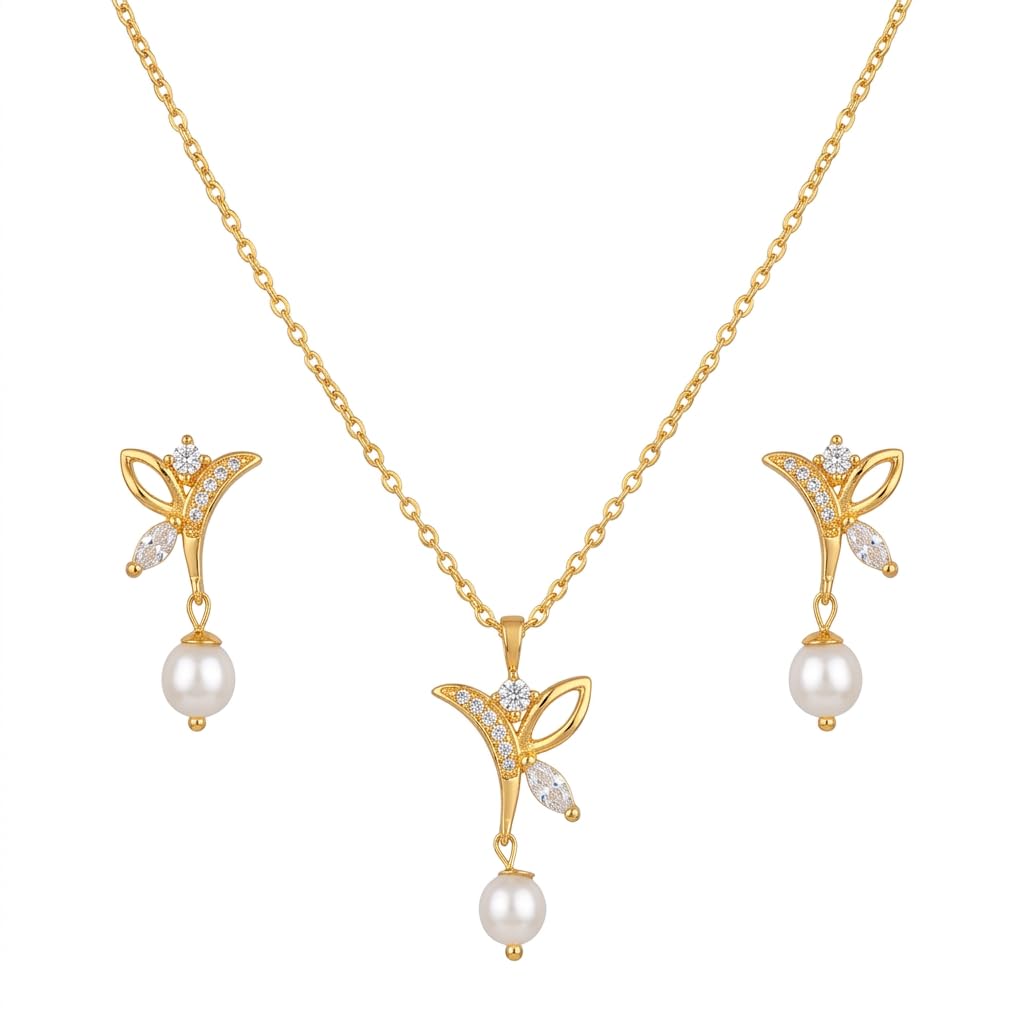 Chandrani Pearls White Pearl Jewelry Set for Women | Gold Plated Pendant Chain (26cm) & Earrings | 2mm Pearl CZ Detail | Everyday Elegant Wear (D0003A)