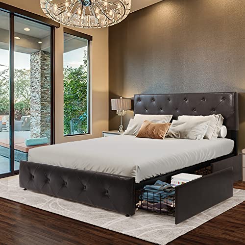 Yitahome Upholstered Bed Frame With 4 Storage Drawers And Adjustable Headboard, Queen Bed Frame Mattress Foundation With Sturdy Wood Slat Support, No Box Spring Needed, Brown (Queen) #TOP9