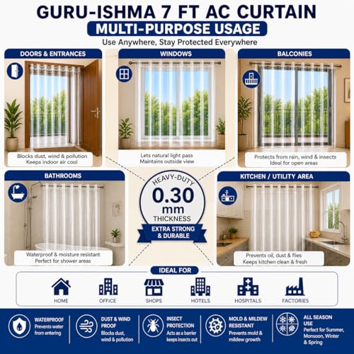 Image of 7 ft Solid Transparent AC Curtain | Waterproof Heavy-Duty 0.30 mm | Dust Wind Rain Protection, Mold & Mildew Resistant | All Season Use for Door, Window & Bathroom (Pack of 1)