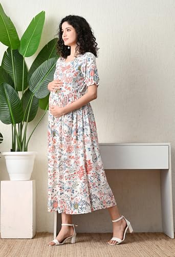 Image of Ichaa Women's Aqua Rayon Printed Maternity Dress with Feeding Zips and Pocket, in Plus Sizes