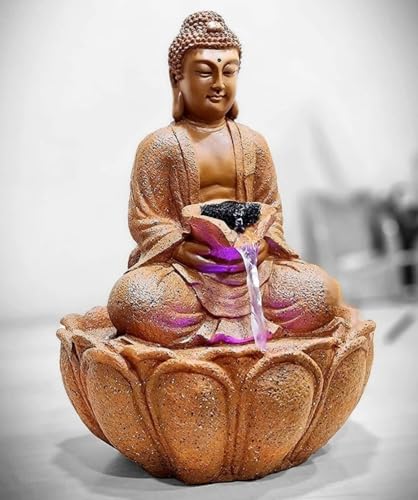 Image of UAG EXPORTS Lotus Buddha LED Tabletop Water Fountain | Premium Fiber & Marble Dust Indoor Waterfall with High-Power Motor | Elegant Decor Showpiece for Home, Office & Meditation Space Color-Copper
