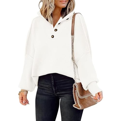 LILLUSORY Women's Long Sleeve Button Up Drop Shoulder Sweaters 2023 Fall Oversized Slit Side Knit Pullover Sweater
