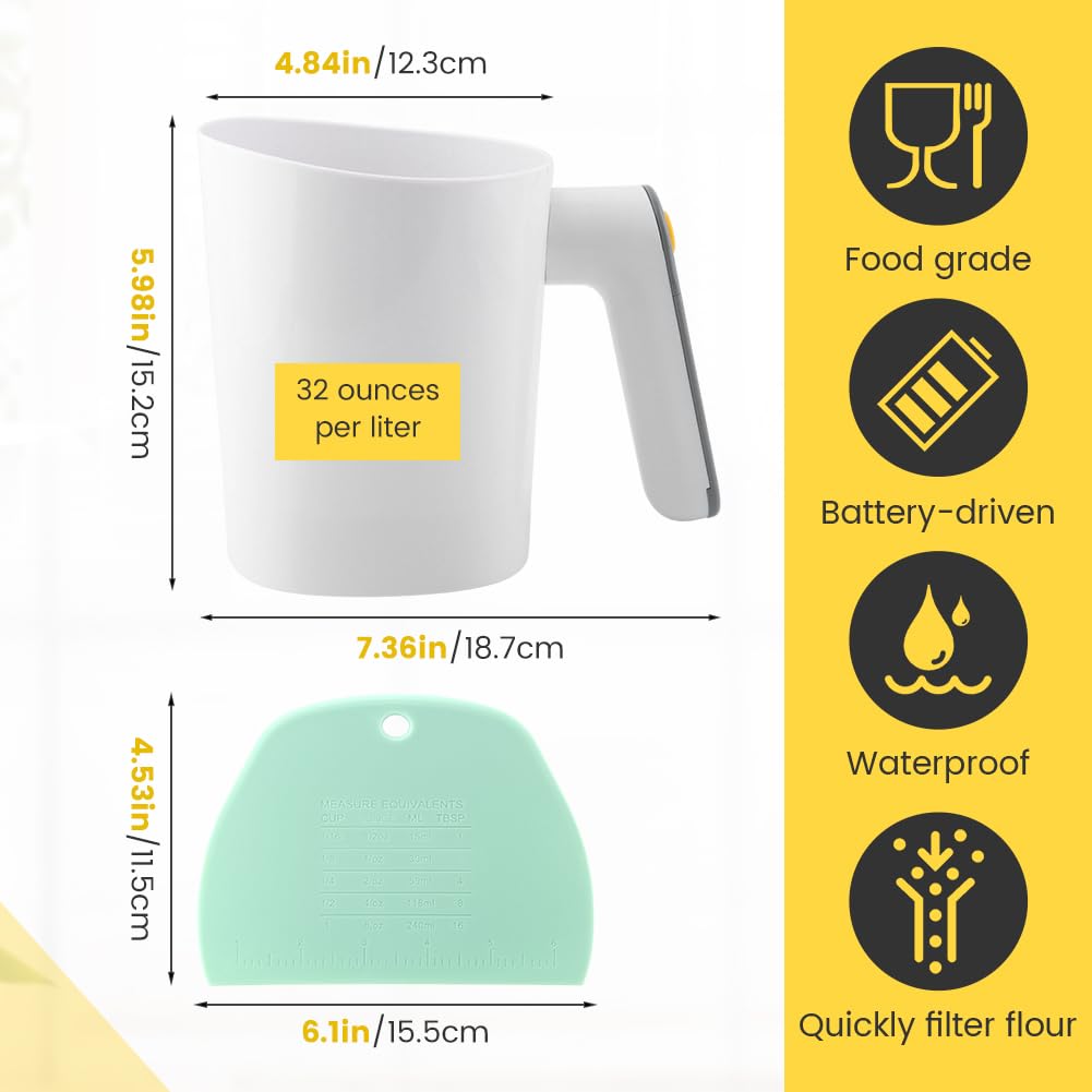 Electric Flour Sifter, Battery Operated Flour Sifter for Baking with Dough Scraper, Cup Shape Kitchen Cooking Baking Pastry Tools 4 Cup/1L Capacity
