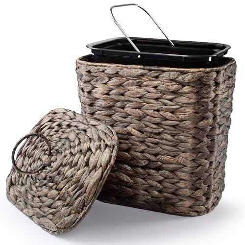 Image of Tidita 1.5 Gallon Wicker Waste Basket with Lid, Removable Liner, Iron Frame | Water Hyacinth Construction, Hand-Woven, Removable Lid, Isolates Odors, Plastic Removable Liner, Iron Frame, Black Color