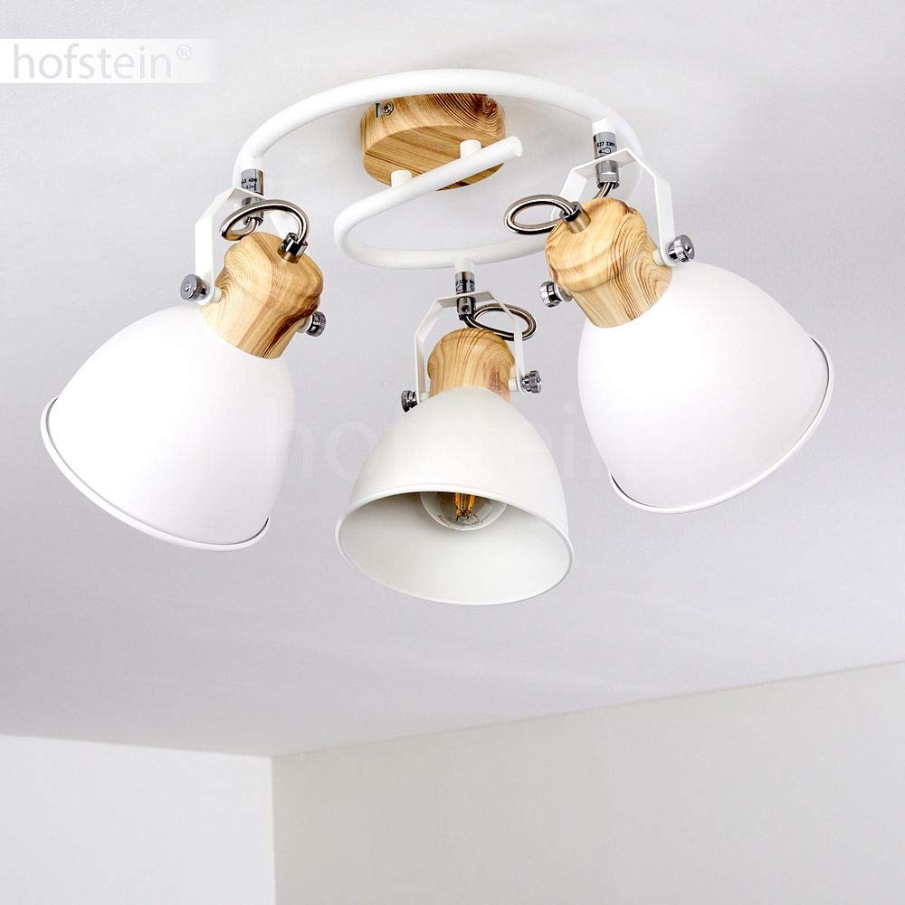 Plafoniera Banjul, plafoniera rotonda in metallo con ottica bianca/legno, a 3 luci, con faretti regolabili, 3 x attacco E27, spirale in design retrò/vintage, senza lampadina/e