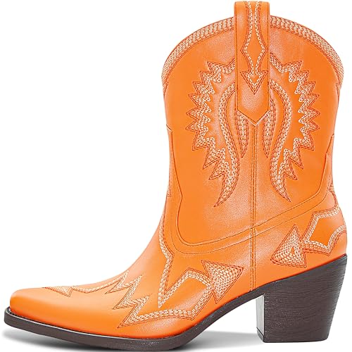 Image of HOCHFART Western Boots for Women Metallic Embroidered Pointed Toe Cowgirl Boots Chunky Heel Pull-On Short Cowboy Boots Wide Calf Country Ankle Boots