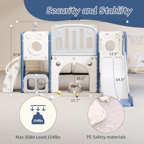 8 in 1 Toddler Slide,Kids Climber Slide with Storage Space and Non-Slip Steps,Indoor Outdoor Playset with Basketball Hoopa and Telescope,Slide for Toddlers Age 1-8 (White+Blue)