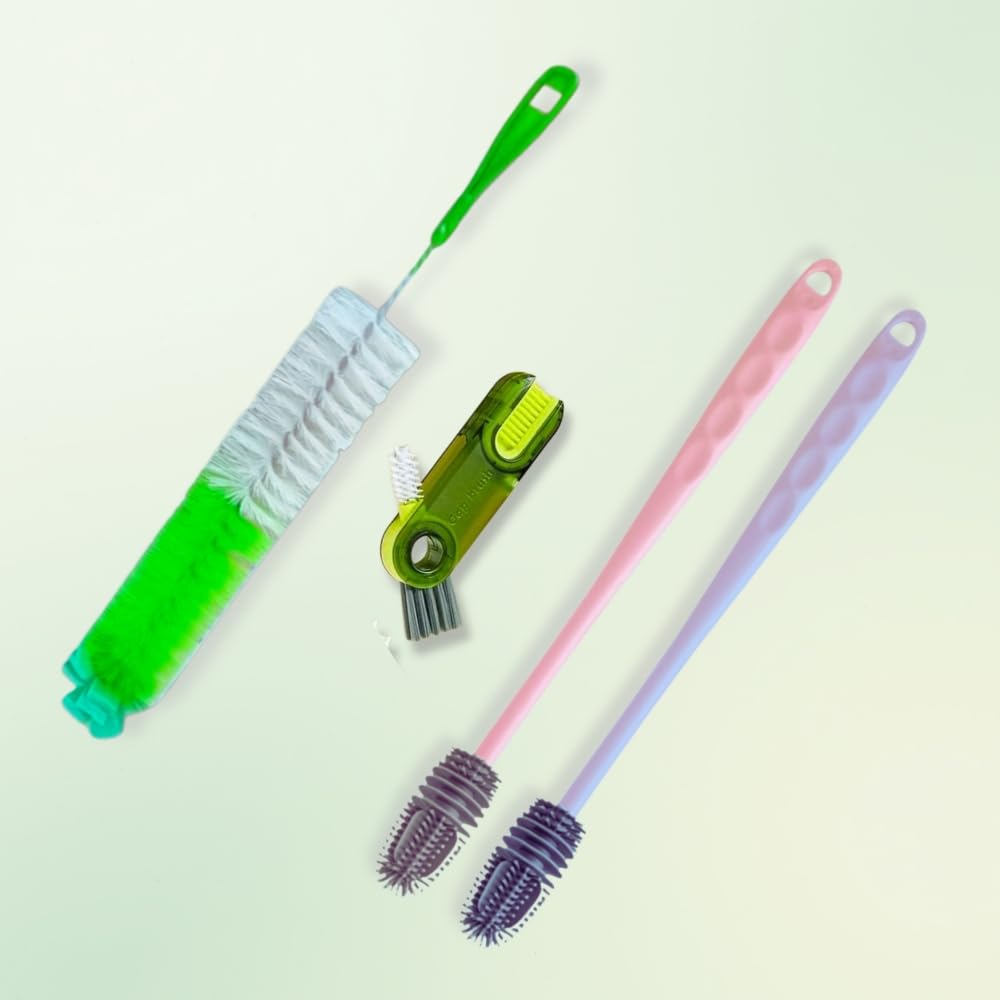 4pc combo of bottle cleaning brush | long handle silicone bottle cleaner brush for washing water bottle, baby bottle, containers, vase & glass | bottle mug cleaning brush | pack of 4