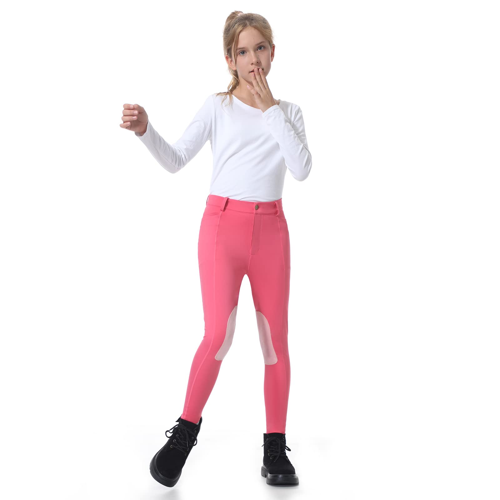 beroy Pantalones de equitación con parches de rodilla para niñas, pantalones ecuestres con cremallera frontal y bolsillos