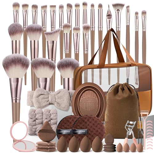 MZGGDM 64Pcs Brown Makeup Brushes Set with Case Professional Foundation Powder Concealers Eyeshadow Contour Blush Makeup Brush Kits Travel Make up Brushes &amp; Tools Eye and Face Makeup Kit
