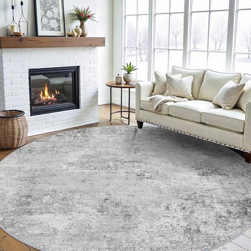 RUUGME Washable 9ft Round Rug - Abstract Rugs for Living Room Large Area Rugs Modern Stain Resistant Indoor Mat for Bedroom Dining Room Non Slip Rubber Backing Thin Super Soft Room Decor 9ft Grey