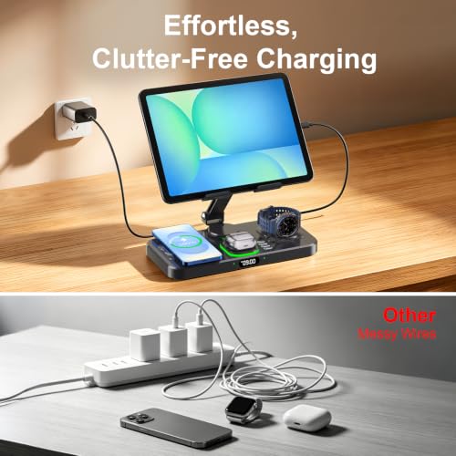 Image of 6 in 1 Charging Station for Samsung Multiple Devices, Foldable Wired Charging Stand for iPad /Tab with Clock & Light, Charger for S26 /S25 Ultra /Z Fold 7 & Buds, Only for Galaxy Watch(Black)
