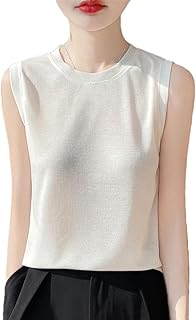 Camiseta de punto sin mangas para mujer, cuello redondo, color liso, informal, sin botones