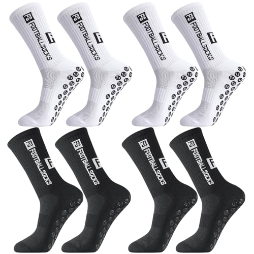 Apricitie 4 Paare Fußball Socken, 39-46 Fußballsocken Anti Rutsch Grip Sportsocken Rutschfeste Fussball Socken für Herren Damen, Weiß, Schwarz