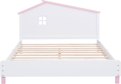 Miniatura 5 de MERITLINE Base de cama matrimonial con cabecera en forma de casa, marco de cama de madera tamaño matrimonial con estante, bonita cama matrimonial