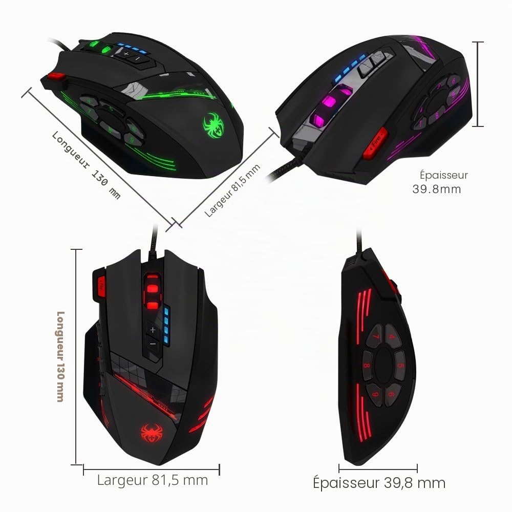 Programmable Laser Gaming Mouse, AFUNTA Gaming Mouse 6 bottons secondaires Soutenez 1000-1500-2000-4000 4 niveaux de commutation DPI, permettre un ajustement à double vitesse, la plus haute mouvement de la souris vitesse jusqu'à 8000DPI avec Total 12 bout