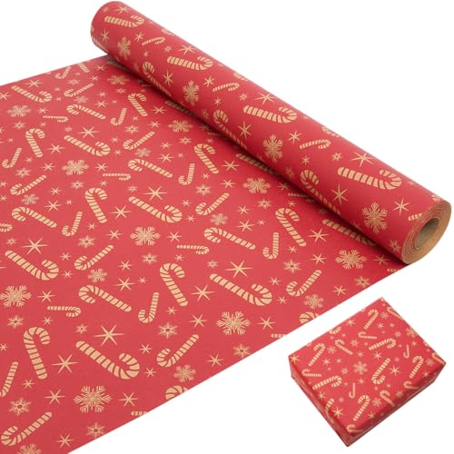 LZRinue Roll Package Christmas Wrapping Paper, 43cm×20m Kraft Gift Wrap with Stars and Candy, Recyclable, Multi-Purpose for Xmas, Birthday, Wedding, Baby Shower
