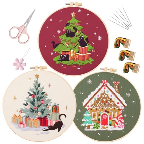 Image of LB Christmas Embroidery Kit for Beginners Adults, 3 Sets Hand Embroidery Starter Kit with Black Cat Pattern and Instructions Stamped Cross Stitch Kits Include Embroidery Hoop Needles Threads Scissors