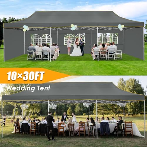 Image of HOTEEL 10x30 Heavy Duty Pop Up Canopy Tent with 5 Sidewalls&Wheeled Bag, Commercial Event Party Tent Wedding Instant Canopy Waterproof, Upgraded Thicked Hexagonal Legs, UV 50+, Gray