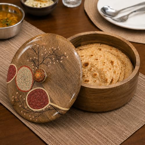 Image of Artysta 'Cherry Blossom' Wooden Chapati Box | Wooden Casserole For Roti | Chapati Box For Kitchen | Roti Box with Lid | Housewarming Gifts | Handpainted Roti Box | Mango Wood 8inch, 1080ml