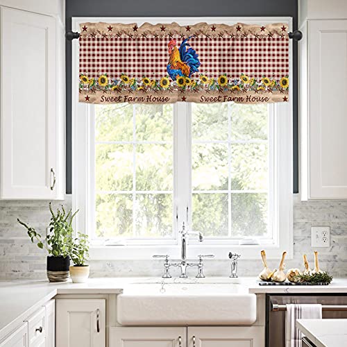 Window Valances Kitchen Short Curtains, Farm Rooster Sunflower Retro Red Check Rod Pocket Valance Drapes Decorative Window Treatment For Living Room Bedroom Bathroom Animal Star On Wood Grain 54X18In #TOP1