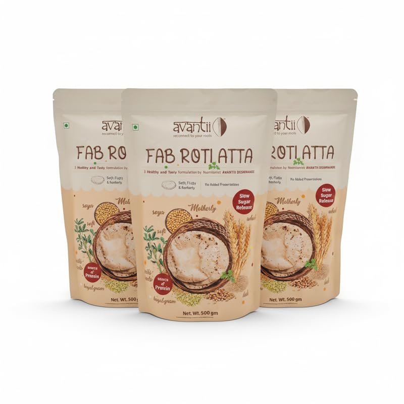 Image of Avantii Fab Roti Atta Diabetic Roti Atta Formulated By A Nutritionist /Slow Sugar Release Fiber Rich Low Gi 100% Natural (500g X 3 Pack)