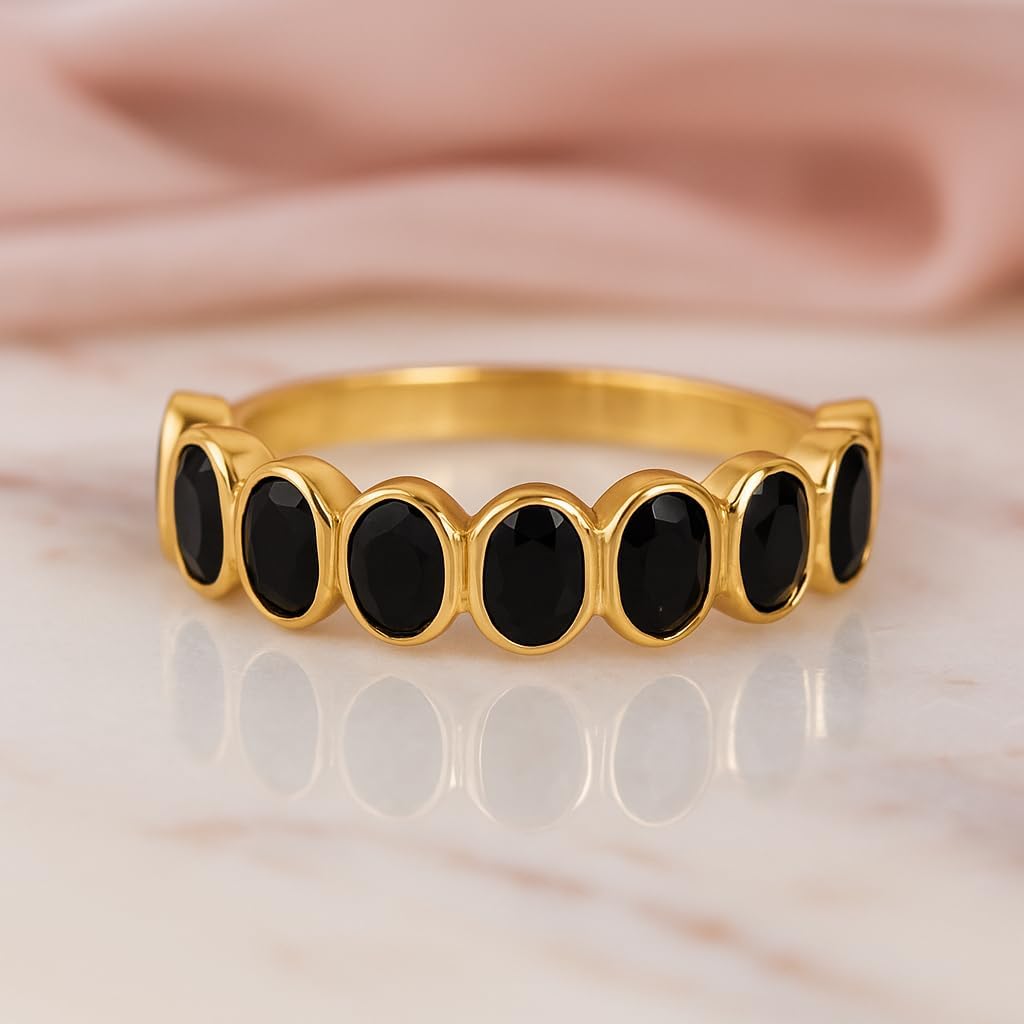 Bezel Set Oval Onyx Half Eternity Band for Women – 10K Solid Gold Natural Black Onyx Art Deco Stacking Wedding Bridal Ring, Dainty Fine Jewelry Anniversary New Year Gift
