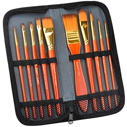 HQdeal 10pcs Acrylic Paint Brush Set Acrylic Artist Painting Brushes for Acrylic Painting Oil Painting Watercolor Painting Gouache Painting Face Painting with a Storage Bag