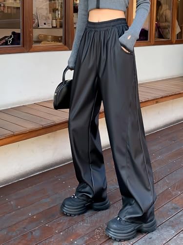 Women Black High-Waisted Faux PU Leather Wide-Leg Pants Elastic Waist Loose Fit Pants with Pockets3