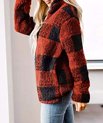 ZESICA Women's Plaid Long Sleeve Zipper Sherpa Fleece Sweatshirt Pullover Jacket Coat with Pockets Orange Red