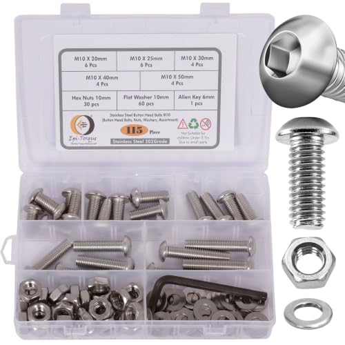 Image of Metric M10 Stainless Steel 202 Grade Button Head Allen Bolt Hex Socket Screws Nuts & Washers Assortment Kit with Allen Keys & Storage Box - 115 Pieces