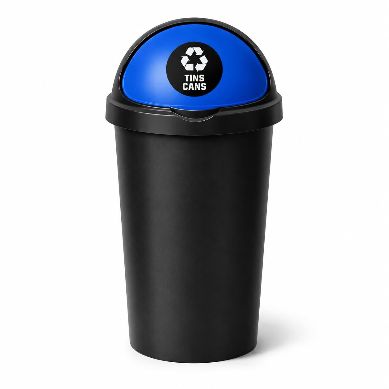 SPECTRAPLAST® 50L Bullet Bin with Coloured Lid & Sticker, Large Kitchen Rubbish Bin, Plastic Waste Bin for Home, Office, Bathroom & Utility Room, Indoor Recycling Dustbin (BLUE, TINS CANS)