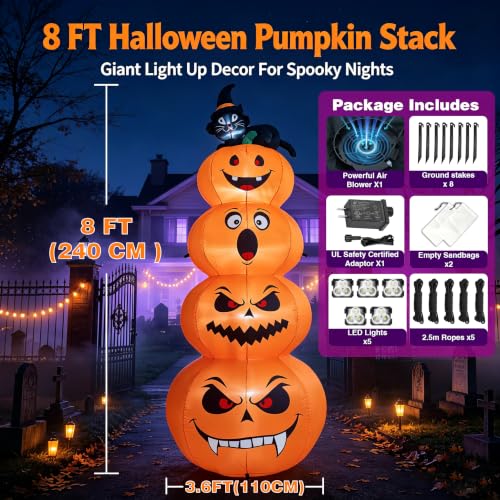Image of 8FT Halloween Inflatable Stacked Pumpkins with Black Cat & LED Lights