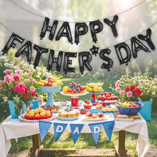 Image of Black Happy Father's Day Balloons, Father's Day Letter Balloons Banner, Father Day Decorations for Party, Happy Fathers Day Backdrop for Father Day Themed Party Supplies (Fathers Day-Black)