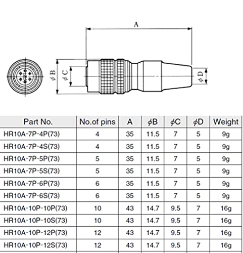 Hirose HR10A conector circular macho/hembra 6 pines miniatura 6