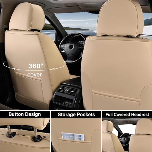 Image of Coverado Car Seat Covers Full Set, Beige Seat Covers for Cars, Waterproof Nappa Leather Automotive Seat Covers with Lumbar Head Pillow, Car Seat Protectors, Universal Fit for Most Cars SUV