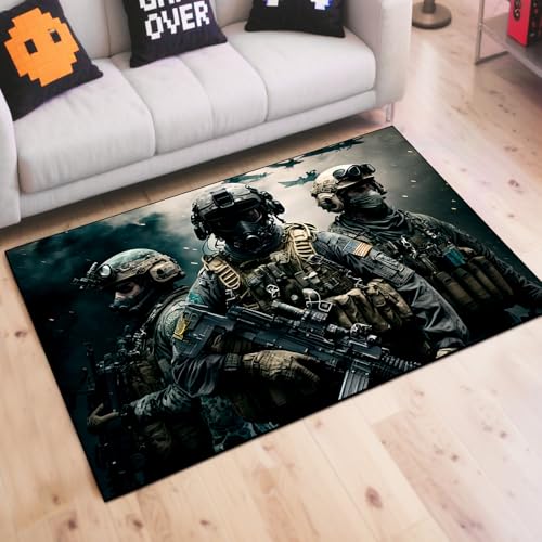 Shooting Game Rug Teen Boys Carpet with Battle Game Element Decoration Mat, War Game Rugs for Boy’s Bedroom Living Room Playroom, Non-Slip Children Gaming Area Rugs (Threesome, 60